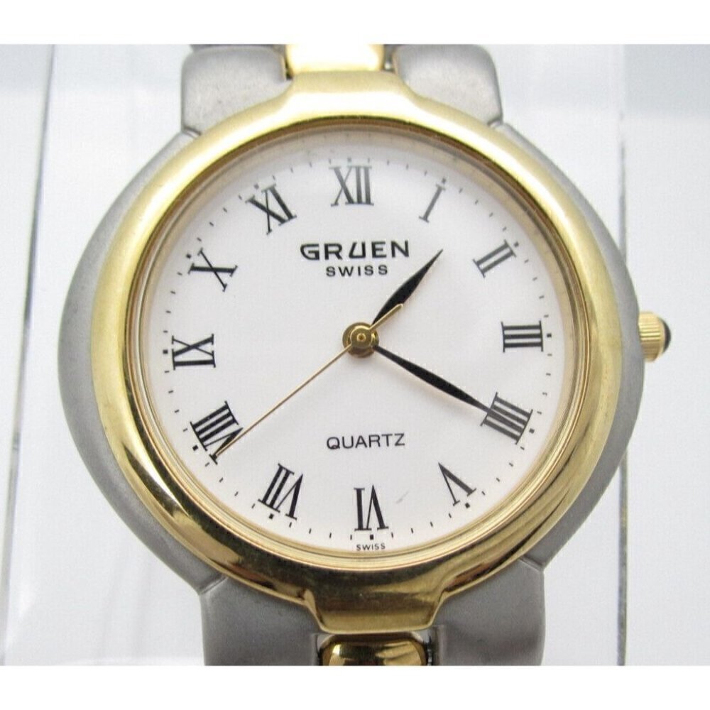Women Vtg Gruen Swiss Quartz WR Analog 34mm Dial Causal Round Watch‎ (F567)